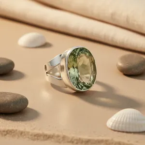Bague en argent 925 avec quartz vert taille ovale, sertie clos, minimaliste, unisexe, pour usage quotidien - Product Image 3