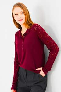 Blouse élégante en tricot à col polo pour femme - Motif rose, dentelle, manches longues, blanc, chic, tricot - Product Image 4