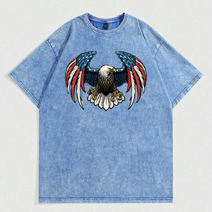 Camiseta azul con estampado de logotipo personalizado para hombre, camiseta informal de manga corta con hombros descubiertos y lavado ácido de gran tamaño para hombre - Product Image 1