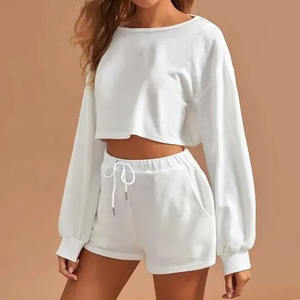 Ensemble short pour femmes Logo personnalisé couleur unie 2 pièces ensemble court été mode porter à manches longues haut court et short pour femmes ensemble court - Product Image 3