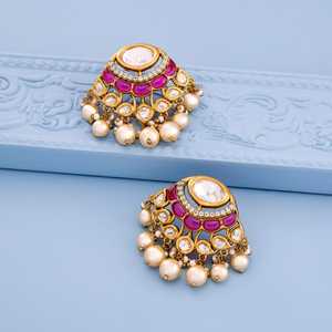 Pendientes de Perlas de Agua Dulce con Estilo Kundan 189224, Montura de Latón 100% con Diseño de Paz, Ideales para Bodas y Fiestas - Product Image 2
