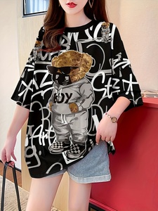 T-shirt personnalisé à demi-manches, col rond, imprimé dessin animé, T-shirt d'été coupe ample pour femmes - Product Image 2