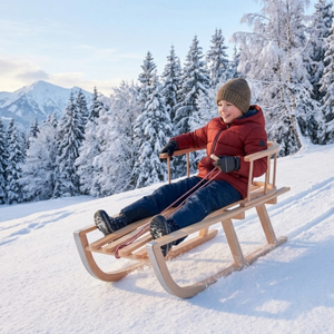 Luge en bois de hêtre avec dossier amovible, patins en acier de 88 cm, finition naturelle laquée écologique, vente en gros, personnalisable - Product Image 2