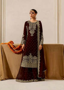 Ensemble Kurta en velours de viscose pur avec broderie à motifs et travail de perles, haut et bas avec dupatta, style pakistanais - Product Image 3