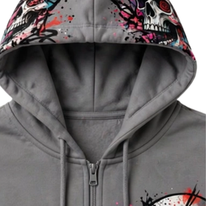 Sudadera con capucha gris para hombre con cremallera completa y gráfico de calavera y rosas coloridas, estilo urbano con estampado artístico en la parte delantera y trasera. - Product Image 4