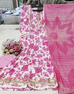 Nouveau Designer Party Wear Rose Clair Floral Main Bloc Imprimé Anarkali Avec Dupatta Pantalon Ensemble En Gros Vêtements Ethniques De L'exportation - Product Image 3