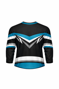 Jersey de Hockey sobre Hielo para Hombre, Negro, Verde Azulado y Blanco a Rayas, Manga Tres Cuartos, Cuello en V, Absorbe la Humedad, Sublimado - Product Image 3