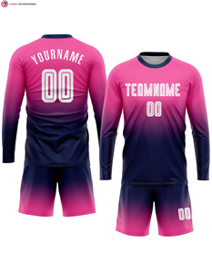 Sublimación personalizada de manga larga uniforme de fútbol Jersey Rosa Blanco-Azul marino se desvanecen conjunto de moda 100% material de poliéster - Product Image 1
