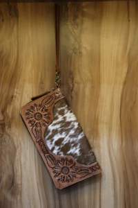 Western Style Hair on Hide Tooled Fur Leather Wristlet Clutch Women Designed <b>Purse</b> Hot Selling Tooled Leather Zipper <b>Wallet</b> - Product Image 2
