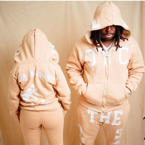 Fabricants professionnels OEM ODM nouvelle conception personnalisée poids lourd 500 GSM fermeture éclair complète brodé sweat à capuche et ensemble de pantalons - Product Image 3