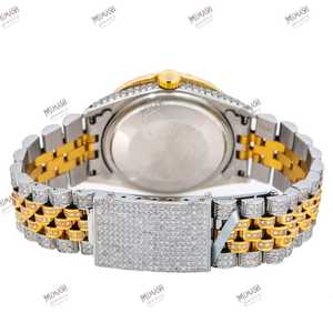 Reloj de diamantes Moissanite TwoTone único, estilo Hip Hop de lujo, números arábigos verdes, esfera de ajuste de diamante completo, reloj de acento dorado - Product Image 5