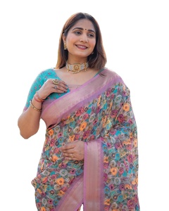 Nuevo diseñador Heavy Linen Digital Impreso con Golden Jacquard Border Colección de Fancy Silk Sari para ropa India pakistaní - Product Image 2