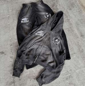 ชุดเซ็ตเสื้อฮู้ดดี้ผู้ชายแบบมีฮู้ด สไตล์ซันเฟด ลวดลายฟอกสีแบบแอซิดวอช กางเกงวอร์มทรงดิสเทรส ปักลาย ซิป ระบายอากาศได้ดี - Product Image 5