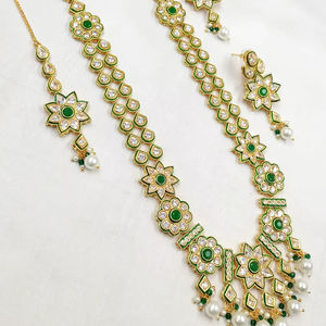 Fleur élégante indienne fantaisie traditionnelle Kundan ton or Kundan perle Long collier boucle d'oreille ensemble avec Mangtikka femmes et fille - Product Image 1