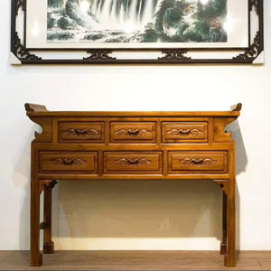 Mesa Consola Delicada de Madera de Teca Tradicional China con Cabezal Curvo y 6 Cajones, Diseño Antiguo para Entrada, Pasillo y Sala de Estar - Product Image 1