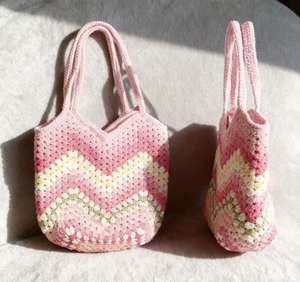 Handmade Embroidery Solid Color Cotton Portable Large Capacity <b>Boho</b> Crochet Granny Square Tote <b>Bags</b> for Women Open Closure Type - Product Image 2