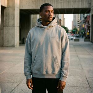 Sweat à capuche ample en molleton français lourd, brodé, écologique, en coton 500 g/m², style Art déco, effet vieilli, pour homme - Product Image 5