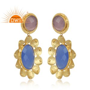 Handmade Design <b>Brass</b> Set Blue Chalcedony and Hydro Rose Gemstone Dangle Earring Fashion Jewelry Manufacturer - Product Image 3