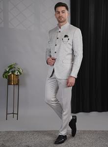 ชุดสูทผ้าโพลีเอสเตอร์สำหรับผู้ชายพิมพ์ลาย2ชิ้นคอตั้งแบบปกติระบายอากาศได้สไตล์หน้าแบนมีกระดุมแบบยาว - Product Image 5