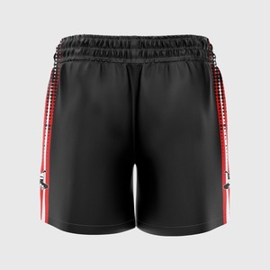 Pantalones cortos de cintura media unisex, diseño de punto por sublimación, poliéster negro sólido, servicio OEM, logotipo personalizado de género para hombres y mujeres - Product Image 1