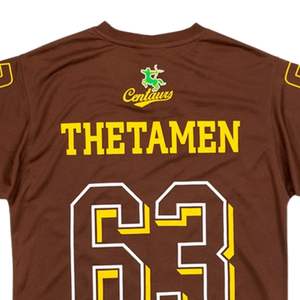 Iota Phi Theta Football Jersey Tee Marron avec Or 63 Numéro Manches Rayées Collegiate Greek Life Athletic Fraternité Shirt - Product Image 4