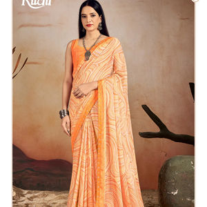 Saree en soie de mousseline de soie pure indienne de Style Bollywood avec bordure en dentelle perlée et pièce de chemisier/saree de couleur bleue - Product Image 1