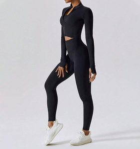 ชุดเสื้อแจ็กเก็ตและกางเกงเลกกิ้งผู้หญิงแบบไร้รอยต่อมีซิปชุดเล่นกีฬาออกกำลังกายเล่นยิมยืดหยุ่นสูงชุดสองชิ้น - Product Image 2