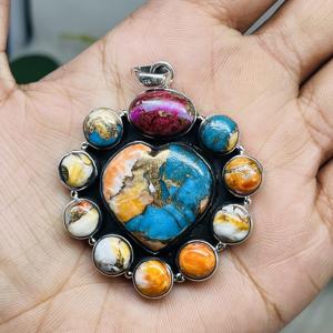 Oyster Cobre Turquesa Plata de Ley 925 Colgante de diseñador hecho a mano Encantos finos con incrustaciones de ajuste de bisel - Product Image 3