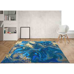Tapis en encre alcoolisée bleu et or : Décoration de bureau scintillante, tapis en chenille - Product Image 5