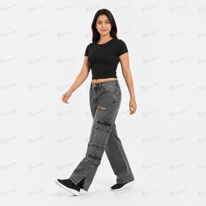 Jeans cargo en denim pour femmes, personnalisés, style vintage délavé, taille haute, coupe ample, jambe large, mode streetwear, vente en gros - Product Image 3