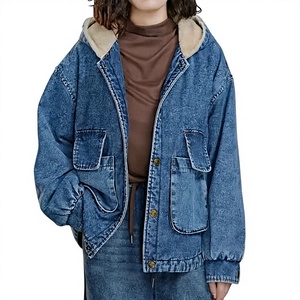 Veste en jean délavé pour femme avec capuche, coupe ample, style décontracté, en coton, style automne, couleur unie, boutonnage frontal - Product Image 1
