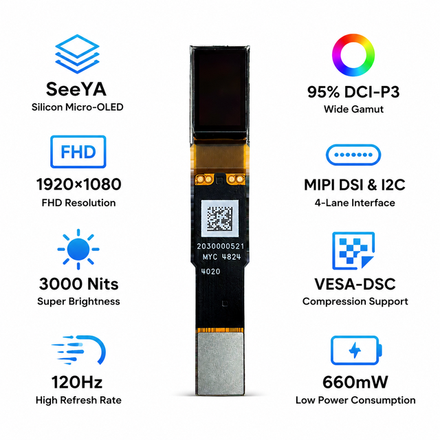 SeeYA 0.6 Inch Micro OLED Display | 1920x1080 FHD Silicon Screen 3000 Nits 120Hz MIPI DSI Module for AR VR Smart Glasses