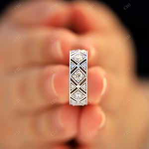 Diamant Moissanite VVS taille ronde certifié GRA or blanc 14 carats Art déco empilable à la main alliance et bague de fiançailles uniques - Product Image 5