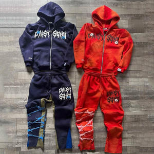Custom 3D Logo Zip Hoodies Winter Flare Pants Sets for Men Stacked Sweat Suits Puff Print Fleece <b>Tracksuits</b> Sweatsuit Gym Use - Product Image 1