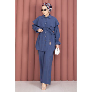 Ensemble Tunique et Pantalon en Crêpe Boutonné Style Cape Bleu Marine, Motif Uni Tricoté, Taille Unique (XS) pour Printemps/Été Automne - Product Image 3