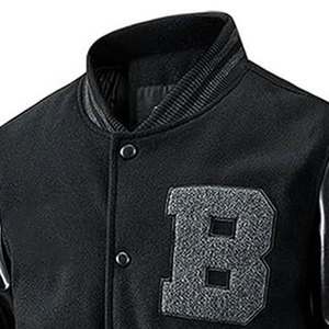 Men's Leather Lettermen Jacket Stand Collar Breathable Reversible <b>Button</b> Front Warm Inner Lining Casual Outerwear - Product Image 3