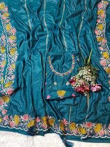 Sari de seda georgette brillante y suave para mujer, con pedrería, estilo occidental, borde con corte elegante, para fiestas de invierno, moda india. - Product Image 2