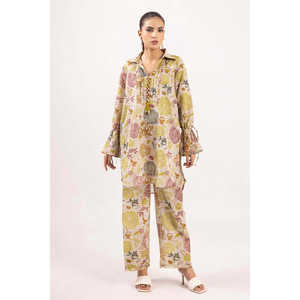 Ensemble 2 pièces imprimé à rayures Zari en jacquard SPT-52003, pantalon sarouel taille haute en crêpe avec volants, coupe ample - Product Image 5