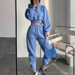 New Arrive Women's Cotton Fleece <b>Stand</b> Collar Oversize Crop Top and Fleece Tracksuit Solid Pattern 2 Piece Sweatshirt Set - Product Image 6