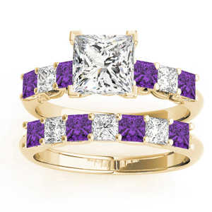 1.30ct Princess Cut Diamond & Amethyst Bridal <b>Set</b> in 18k Yellow Gold <b>Fine</b> <b>Jewelry</b> <b>Sets</b> - Product Image 1