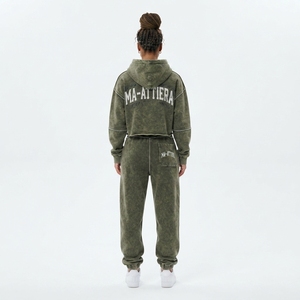 Ensemble survêtement streetwear surdimensionné en molleton de coton vert olive délavé pour femme, personnalisable, vente en gros OEM - Product Image 2