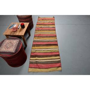 Alfombra turca Vintage moderna, lana marrón roja a rayas, área grande de 2,1x6,8 pies para sala de estar, pasillo, Material de gamuza con respaldo de látex - Product Image 1
