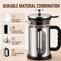 Cafetière à piston en acier inoxydable de 800 ml avec verre borosilicate, filtre 304 et couvercle à pression – Vente en gros