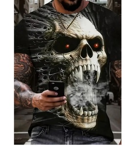 T-shirts pour hommes Edgy à motif crâne d'horreur, imprimé graphique noir, manches courtes, hauts décontractés pour le streetwear, l'été et le quotidien - Product Image 2