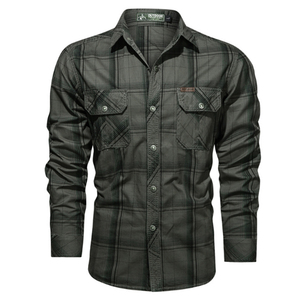 Camisa de franela a cuadros para hombre en tonos caqui y marrones con bolsillos de botón en el pecho y manga larga - Product Image 3