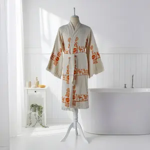 Bata de baño unisex de algodón de lujo con estampado de bloques, ligera, de lino tejido, transpirable, para primavera, verano y todo el año, ropa de dormir y de descanso. - Product Image 4