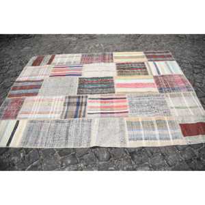 Tapis de 5,6 x 7,6 pieds, tapis turc vintage, tapis beige patchwork ombré - Product Image 4