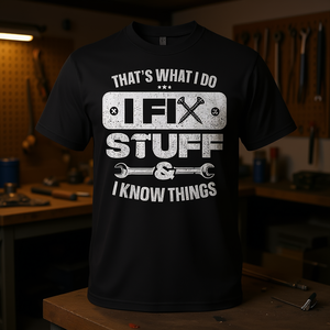 Maglietta con stampa promozionale 'That What I Do Fix Stuff Know Things' per la festa del papà, regalo per papà - Product Image 3