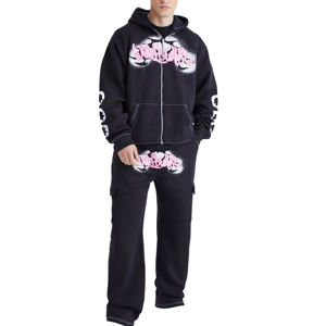 Chándal extragrande de 100% algodón personalizado estampado abullonado Sudadera con capucha y cremallera completa conjunto de dos piezas chándal estampado con cremallera - Product Image 1