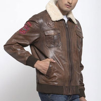Veste en cuir d'agneau pour homme de haute qualité, durable, enduite, col montant, logo sur le devant, doublure en fausse fourrure, imperméable et coupe-vent